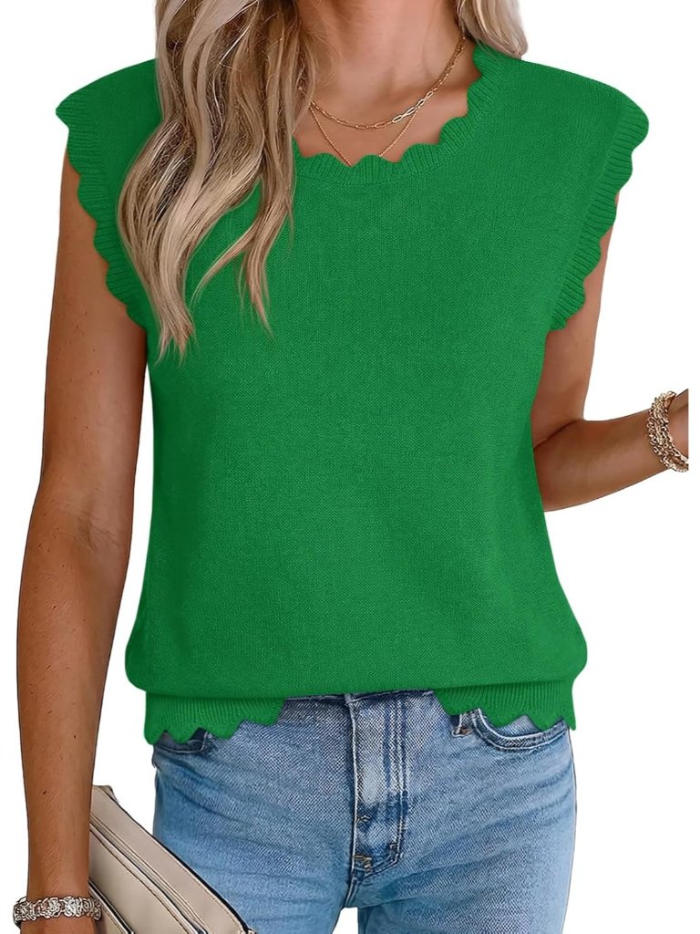 Women's Green Sleeveless Crew Neck Loose Fit Knit Casual Tops Tank Tops